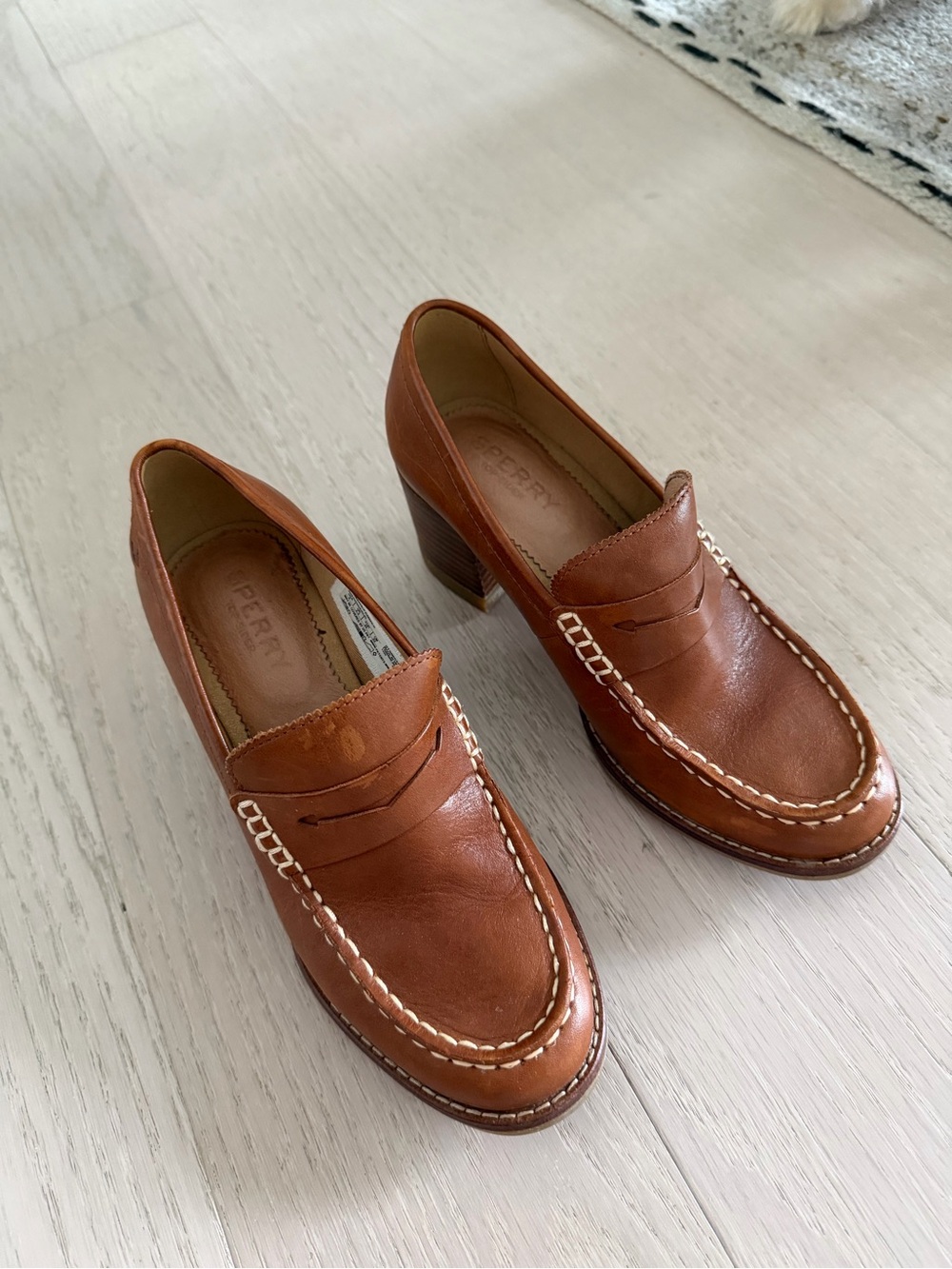 Perry Ellis Men’s Tan Leather Penny Loafers with Stacked Heel